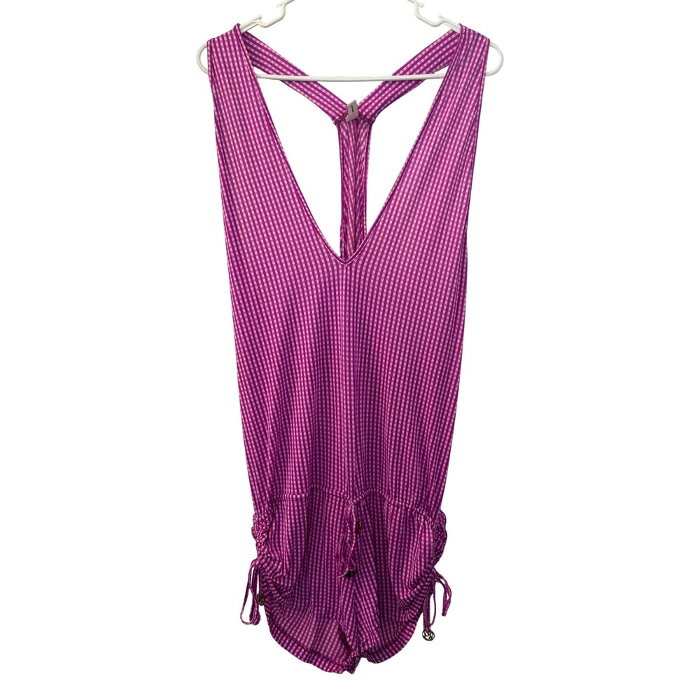 Luli Fama Purple Gingham Checkered Romper Beach Cover Up Deep‎ V T-Back Medium